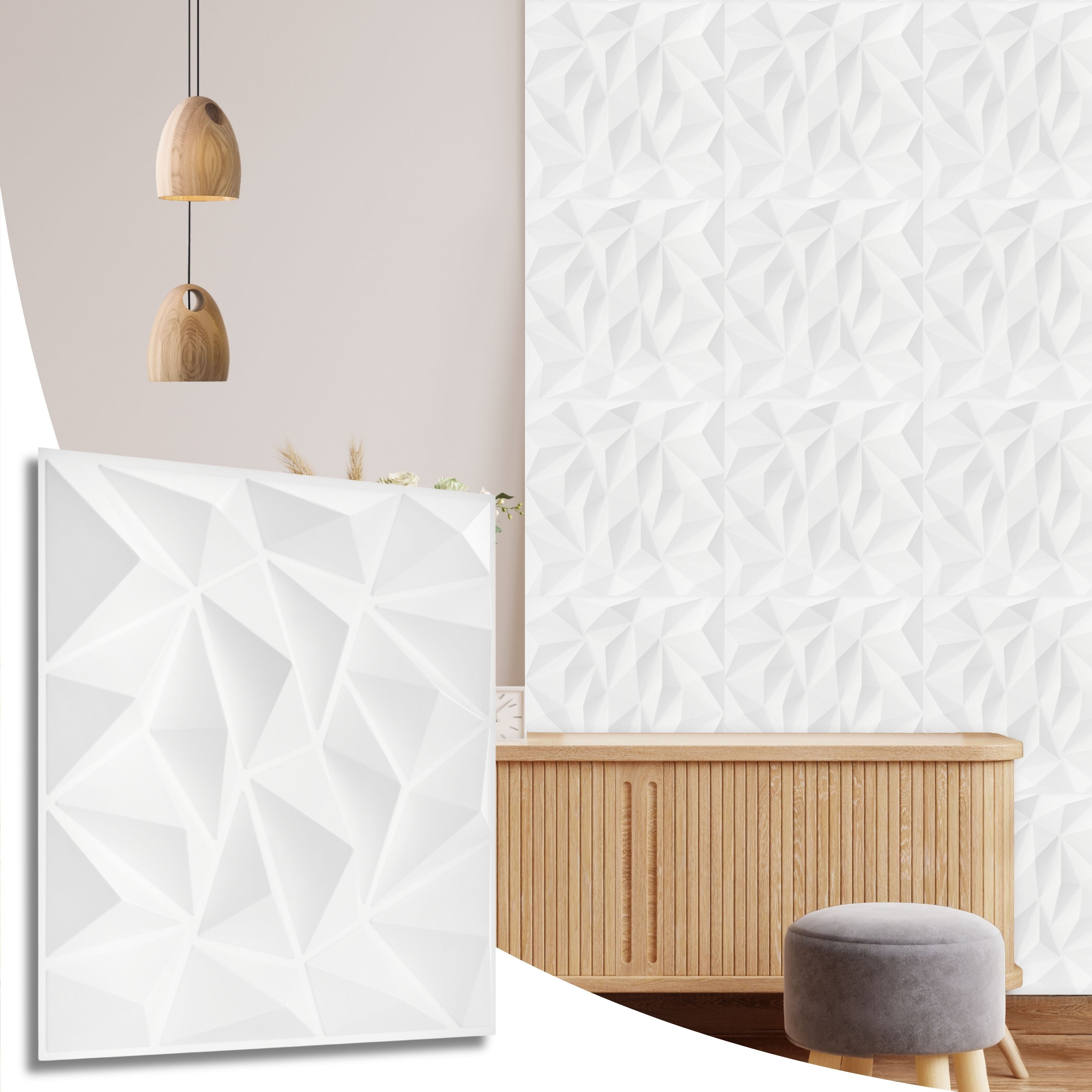 Novecrafto 3D Modern Diamond Design Wall Panels Interior Cladding Panels 50cm x 50cm (6 Sheets) in White | Size: 50 cm x 50 cm