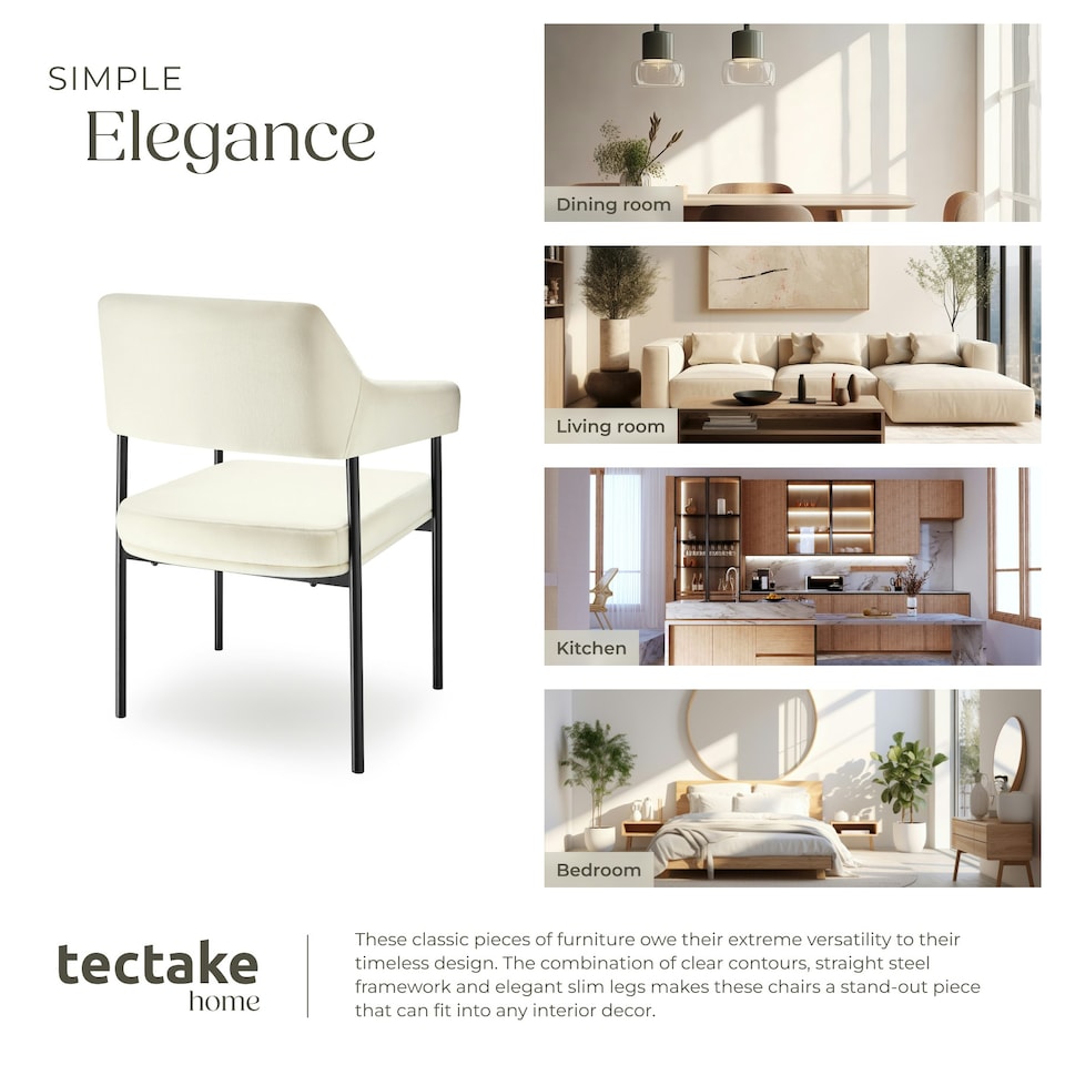 image 1 of Armchair Doe - durable fabric, black powder-coated legs, 120 kg load, 58 x 62 x 85 cm - Set of 6 White | Velvet Look Off-White