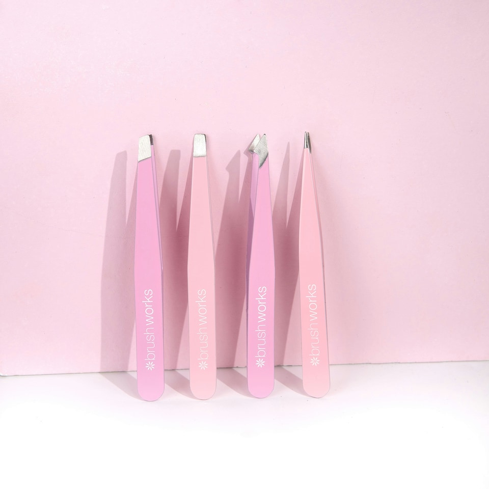 image 1 of Brushworks 4 Piece Combination Tweezer Set - Pink