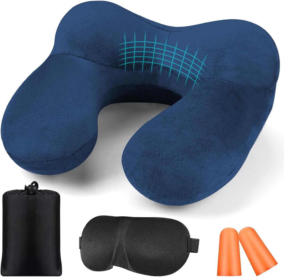 Inflatable travel pillow for aeroplane with ear plugs. Soft velvet, ergonomic neck pillow. For office, plane, car, travel, camping