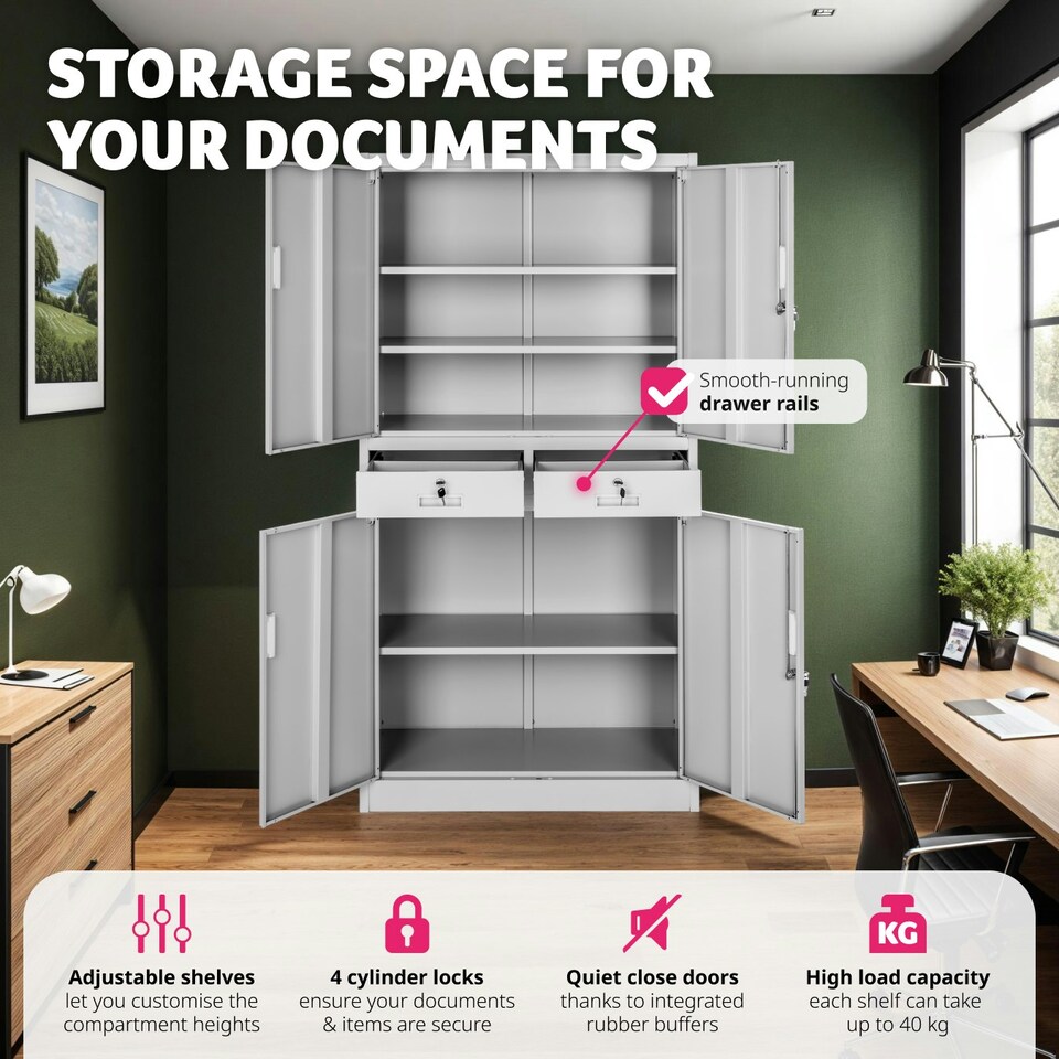 image 1 of Filing Cabinet Cosmo - 2 drawers, 5 adjustable shelves, 180 x 80 x 40 cm Grey | Light Grey