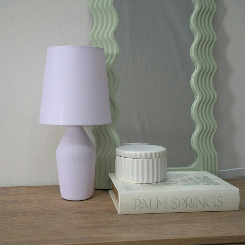image 1 of ValueLights Arlo Pair of Lilac Ceramic Table Lamps with Lilac Shades and LED Bulbs Purple