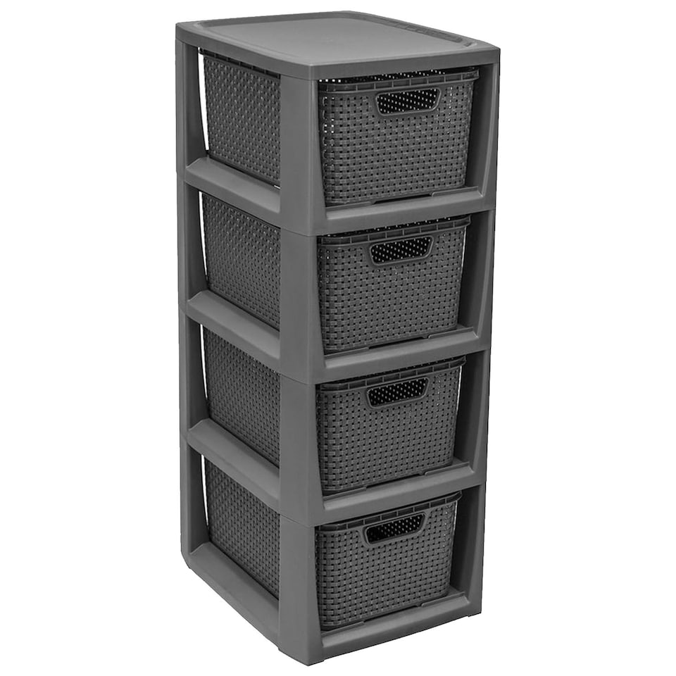 image 1 of Grey 4 Drawer Stylish Rattan Effect Storage Tower Commode Baskets For Home & Office Grey
