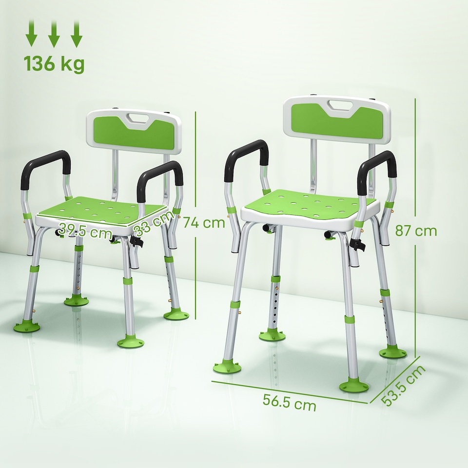 image 1 of HOMCOM EVA Padded Shower Chair for the Elderly and Disabled, Height Adjustable Shower Stool with Back and Arms, 4 Suction Foot Pads, Green | Green
