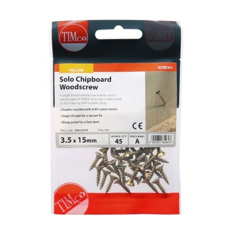 image 1 of Timco - Solo Woodscrews - PZ - Double Countersunk - Yellow (Size 3.5 x 15 - 45 Pieces)