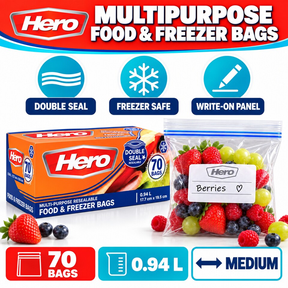 image 1 of Hero 70 Medium 1L Resealable Freezer Bags – Reusable Ziplock Food Storage Bags with Write-On Label – BPA Free Sandwich & Freezer Bags