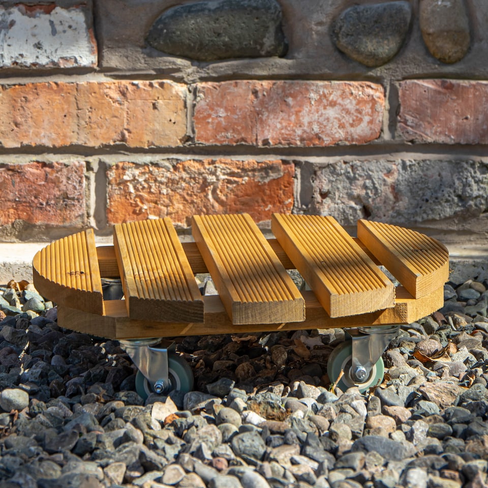 image 1 of Tom Chambers Handcrafted Heavy Duty Round Traditional Wood Garden Patio Plant Flower Pot Stand Caddy Trolley Dolly on Strong Metal Castor Wheels 40cm