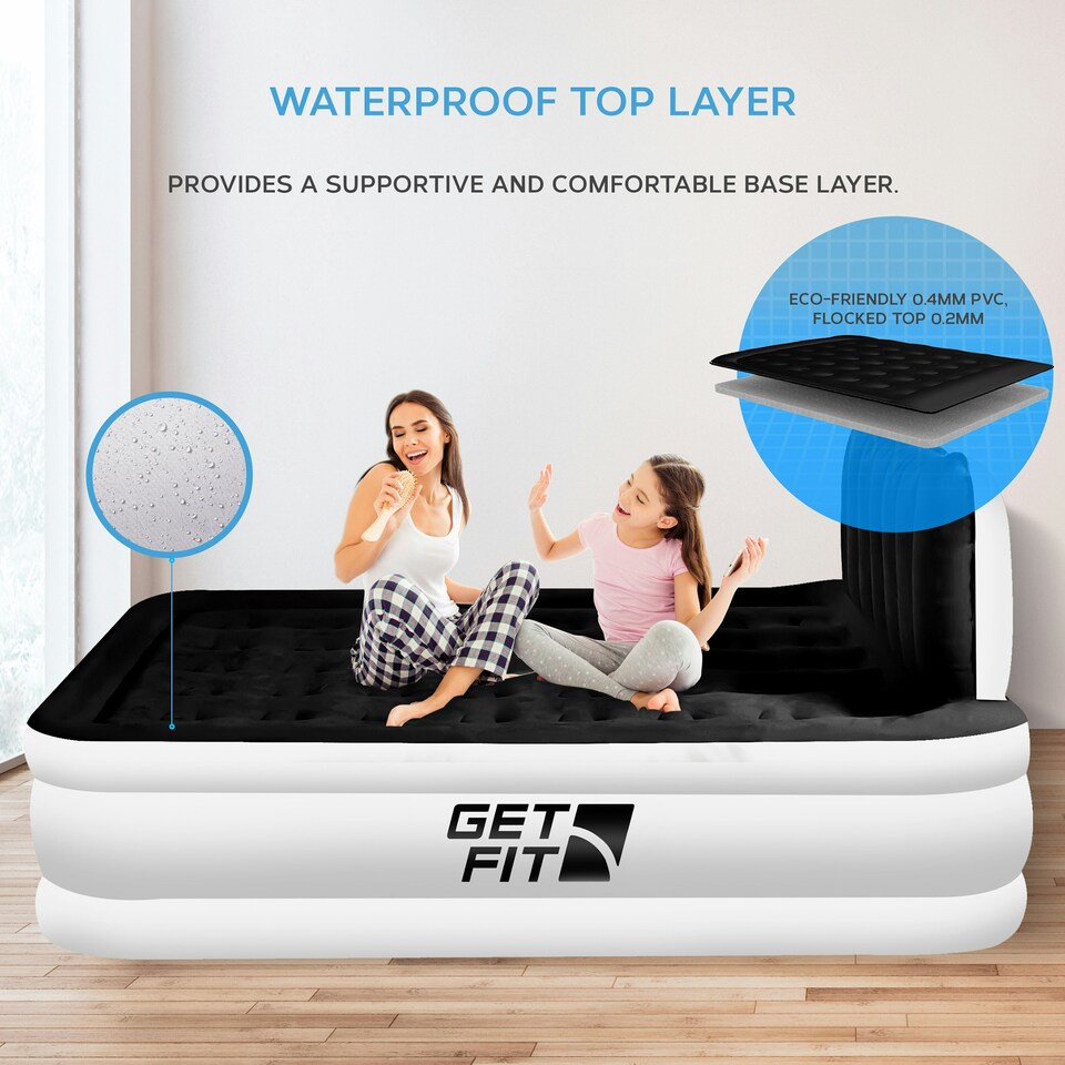 image 1 of Get Fit Air Bed With Built In Electric Pump - King Airbed Blow Up Bed With Headboard, 2 Free Inflatable Pillows - Elevated Inflatable Air Mattress - White/Black