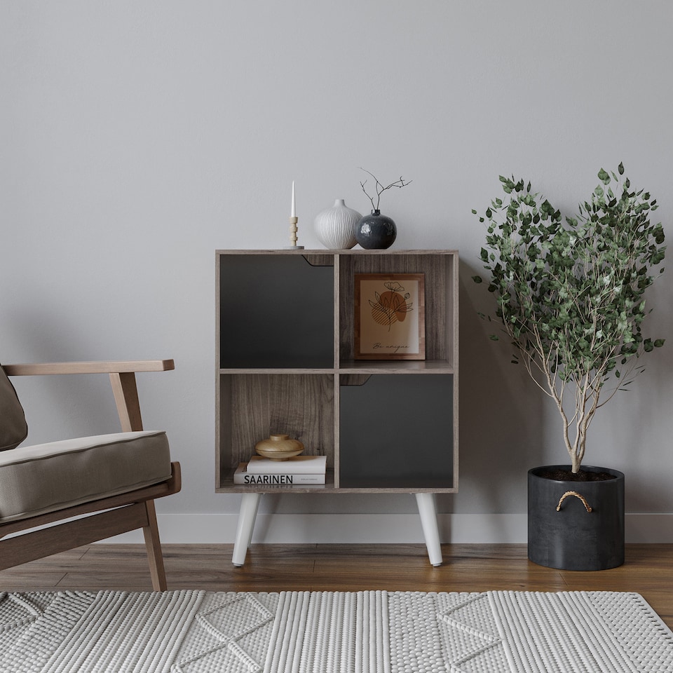 image 1 of Anthracite Oak 4-Cube Storage Unit with 2 Wooden Doors and Legs | Black | Black & White | 1