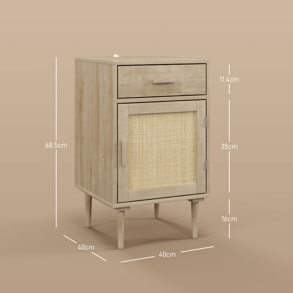 image 1 of HOMCOM Bedside Table with Rattan Drawer, Cabinet and Adjustable Shelf, Natural