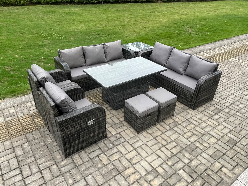 image 1 of Fimous Rattan Outdoor Garden Furniture Sets Height Adjustable Rising lifting DiningTable Sofa Set with Reclining Chair Side Table 2 Small Footstools Dark Grey Mixed