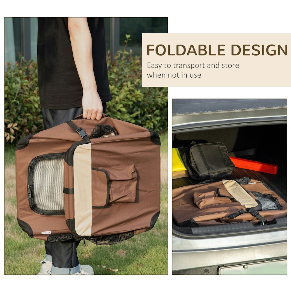 image 1 of PawHut 60cm Foldable Pet Carrier Bag Soft Travel Dog Crate for Mini Dogs Brown