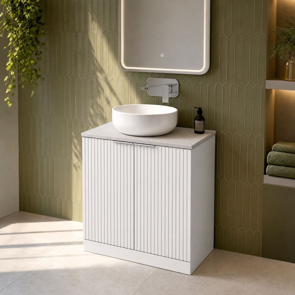 image 1 of Balterley Callingwood Contemporary Floor Standing 2 Door Vanity Unit with White Sparkle Laminate Worktop , 800mm, Matt White
