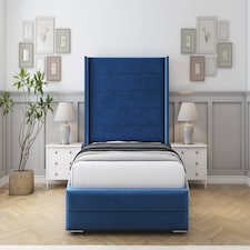 Sloomy Sterling Navy Plush Bed Frame With Mattress With 50"  Upholstered Wingback Headboard 4'6 Double