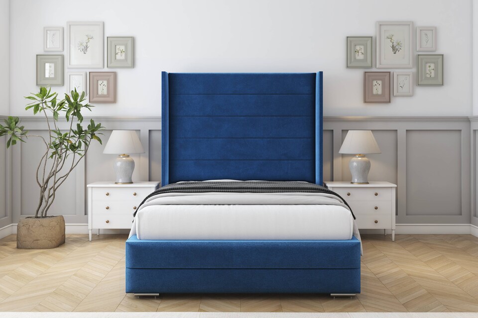 image 1 of Sloomy Sterling Navy Plush Bed Frame With Mattress With 50"  Upholstered Wingback Headboard 4'6 Double