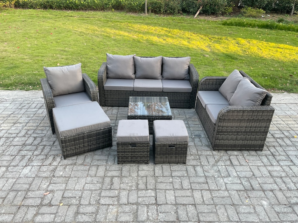 image 1 of Fimous Rattan Garden Furniture 7 Piece Patio Set With Table Sofa Square Coffee Table Reclining Chair Love seat sofa Side 3 Seater Sofa 3 Footstools
