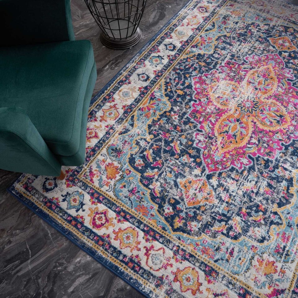 image 1 of The Rugs Marrakech Collection Pink and Navy Distressed Medallion Living Room Floor Rug and Runner | 440