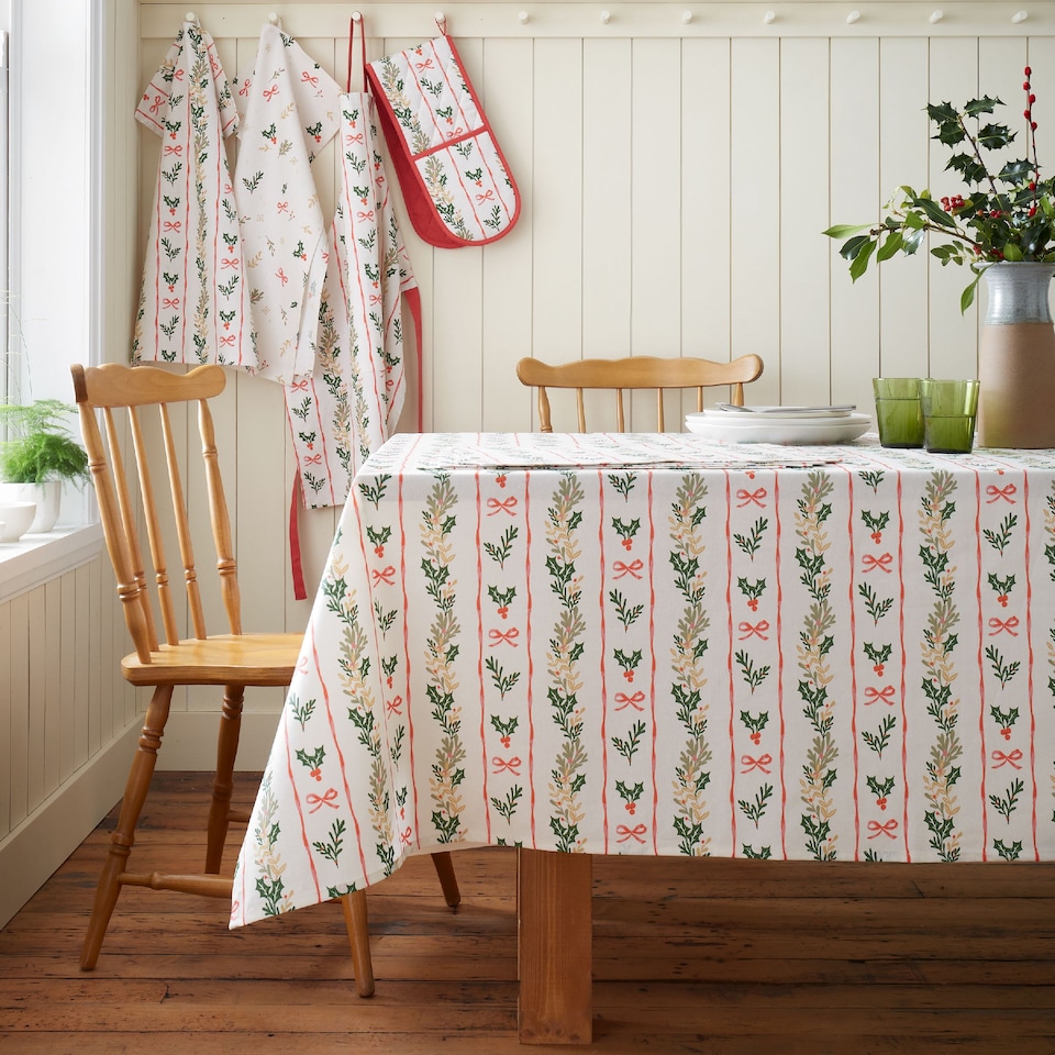 image 1 of Catherine Lansfield Christmas Holly Stripe Cotton Table Cloth