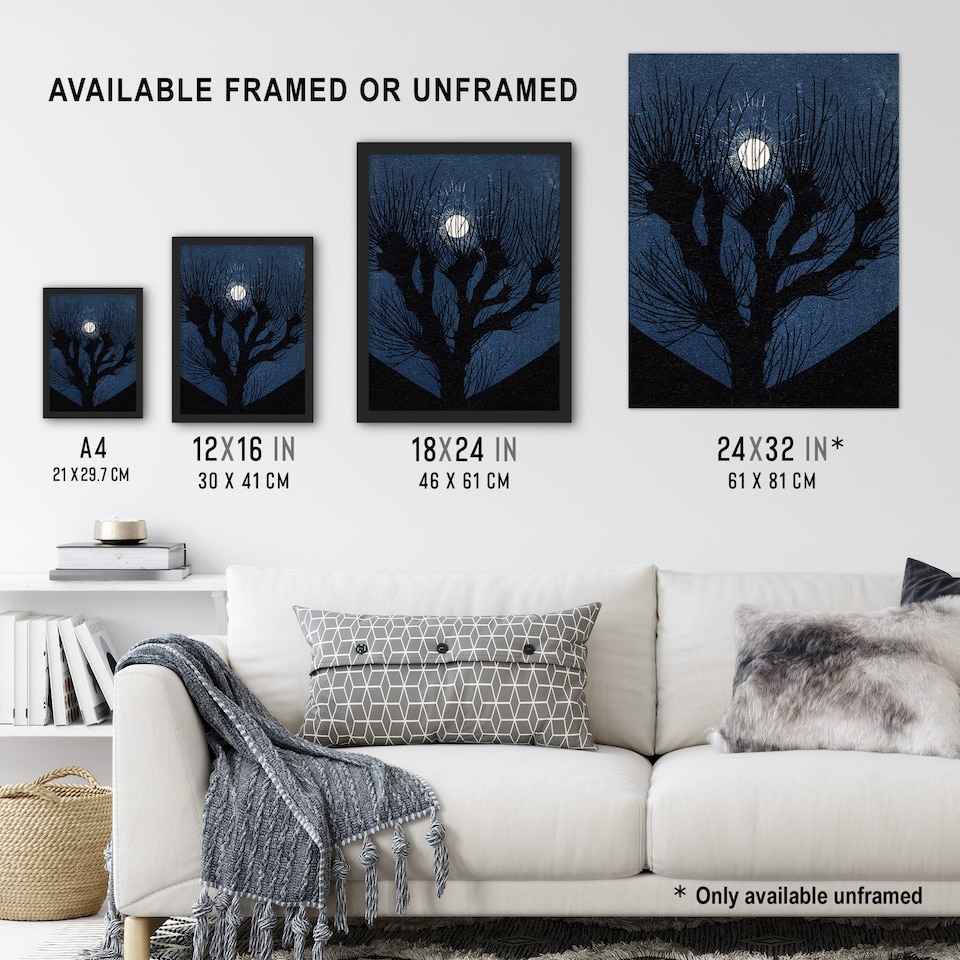 image 1 of Full Moon Light Tree Silhouette Framed Wall Art Print Julie de Graag 12x16"