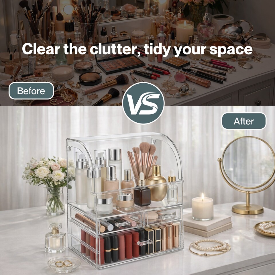 image 1 of ilus Makeup Storage Organiser Acrylic Cosmetics Organizer Beauty Transparent | Silver | Silver