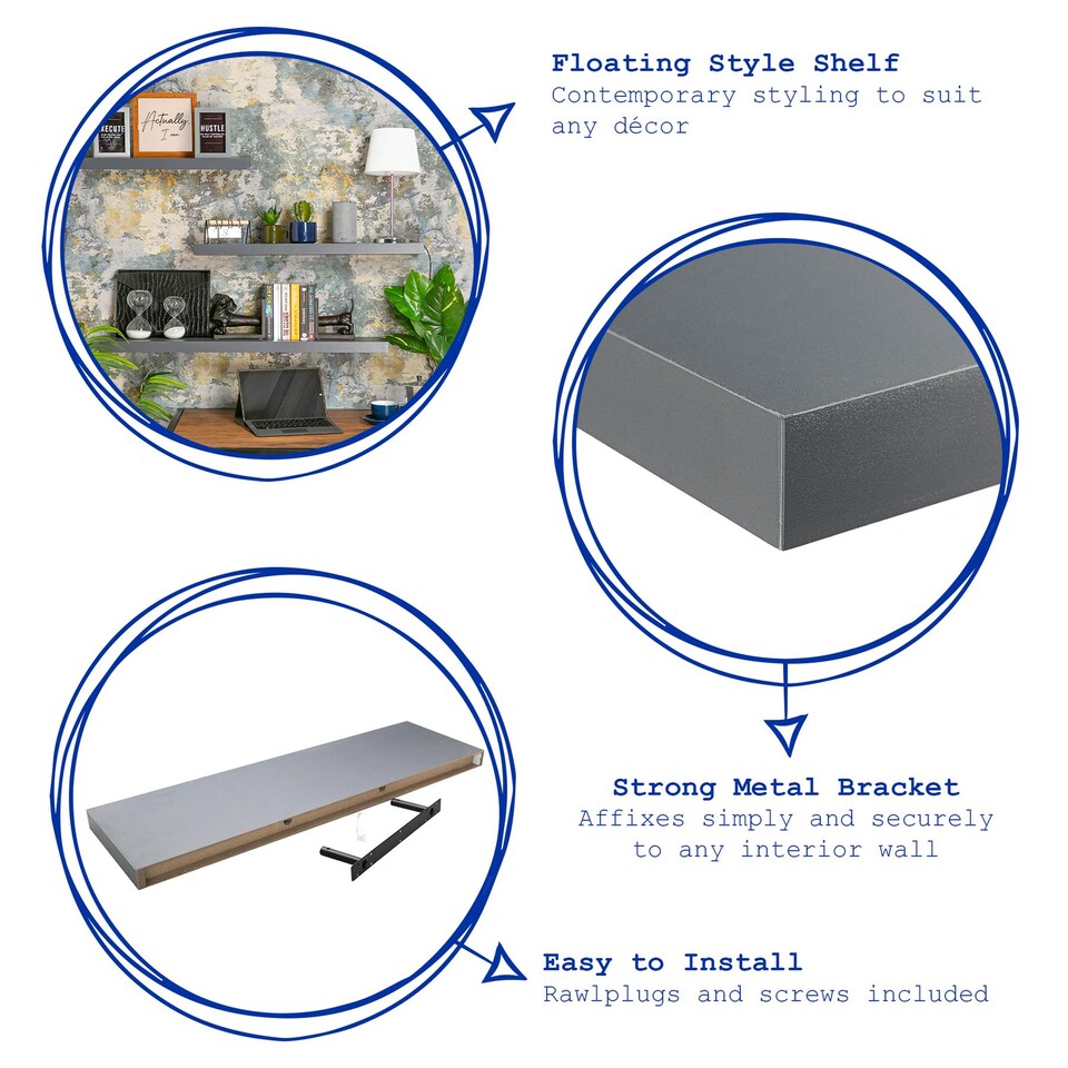 image 1 of Harbour Housewares Modern Floating Wall Shelves - 100cm - Grey - Pack of 2