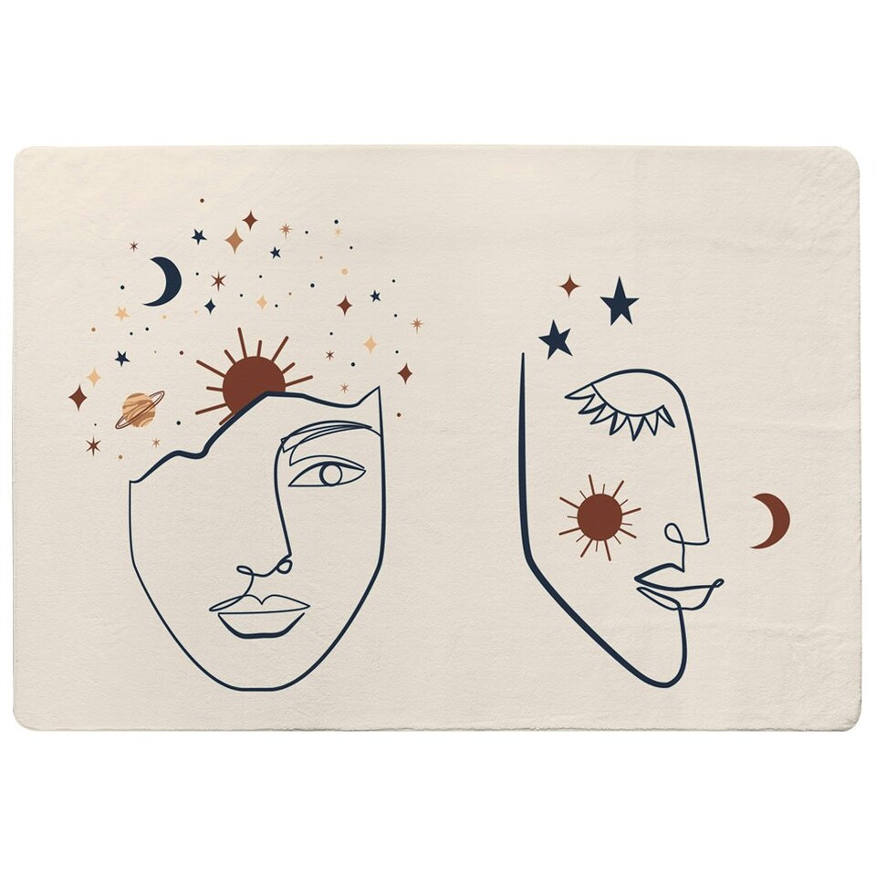 image 1 of Line art Illustration with Mystical and Celestial elements like stars, moon, sun and planets (Rug) Cream | M