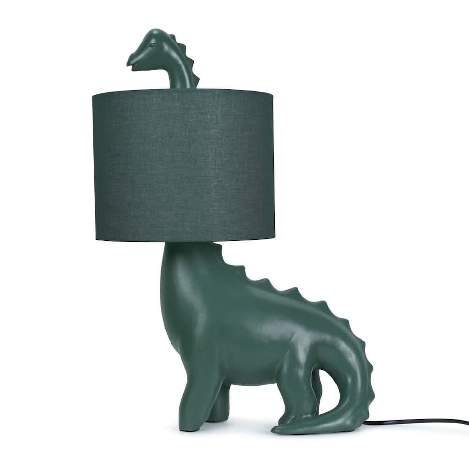 image 1 of ValueLights Kids Green Dinosaur Bedside Table Lamp with Drum Fabric Shade - Including Bulb | Green