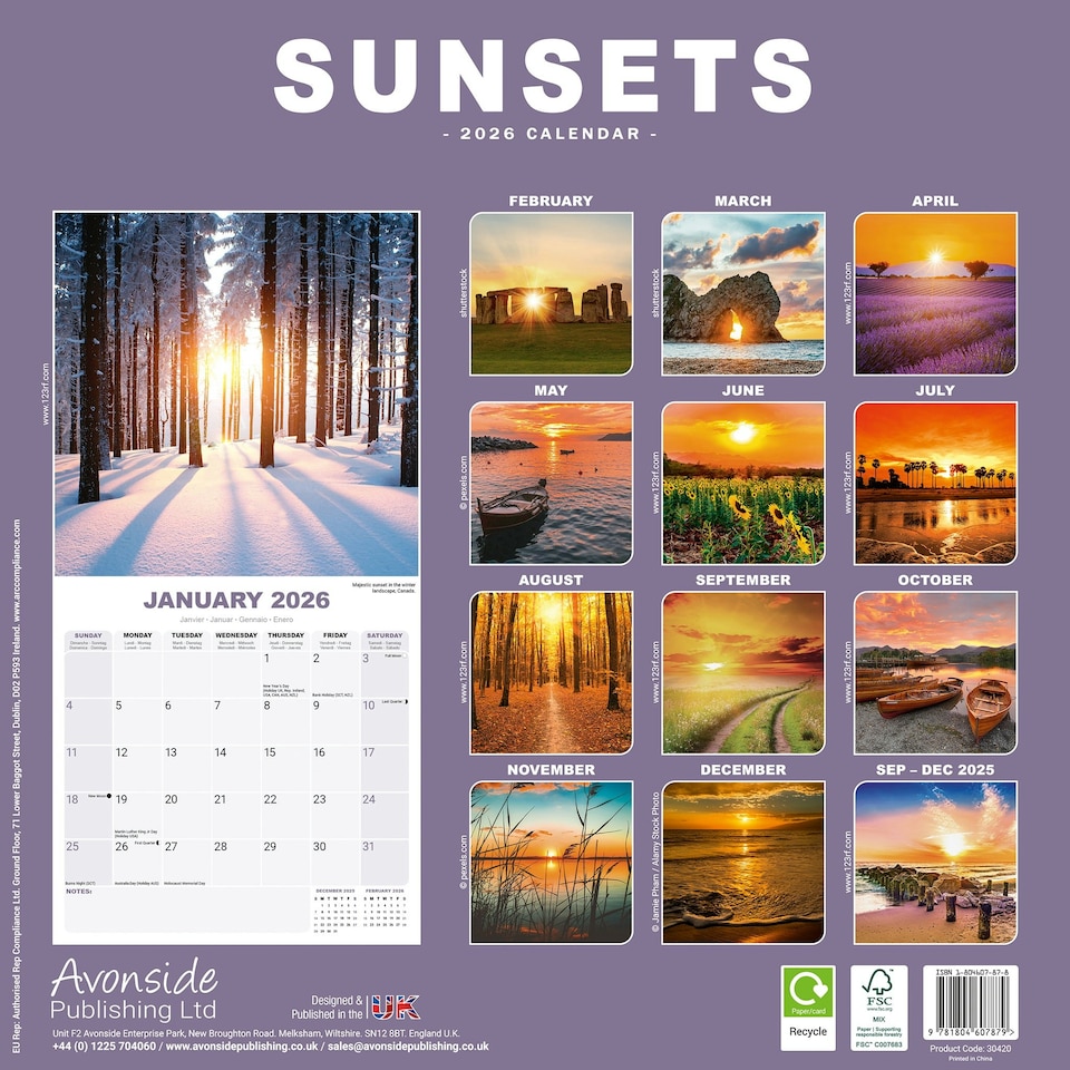 image 1 of Sunsets 2026 Calendar | Square Wall Calendar | Travel & Nature Gift | Plastic Free Packaging | by Avonside Publishing