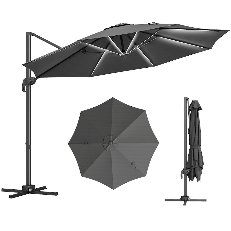 image 1 of Outsunny 3(m) Solar LED Cantilever Parasol Adjustable Garden Umbrella Dark Grey
