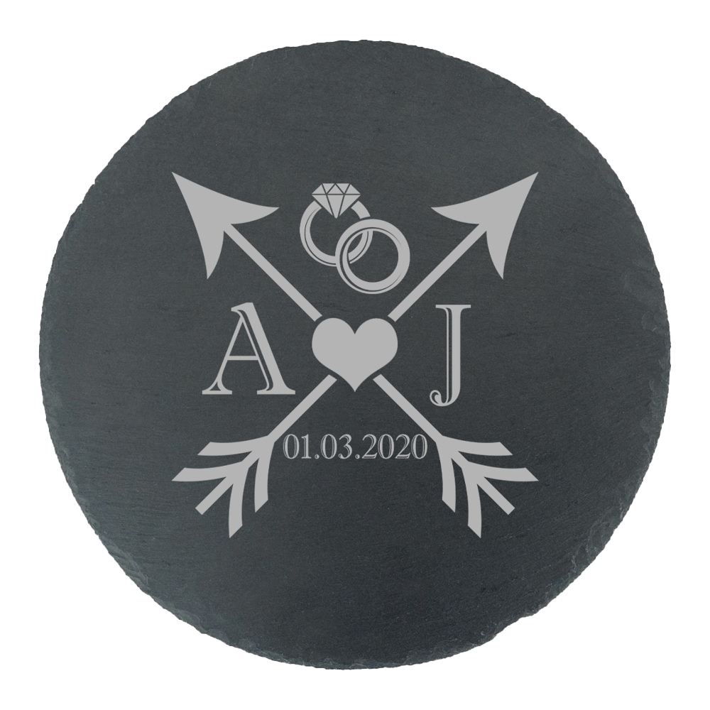 Personalised Engraved Round Slate Cheeseboard with Wedding Design
