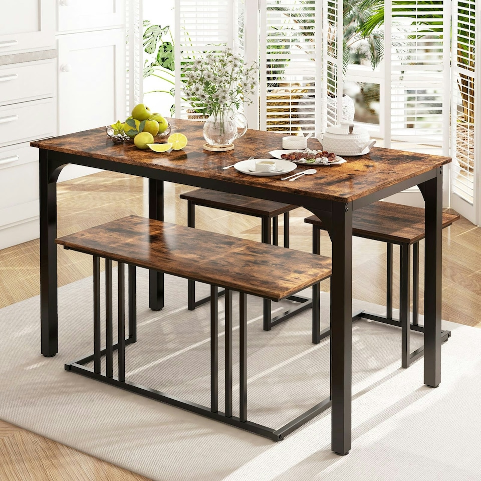 image 1 of COSTWAY 4-Piece Dining Table Set W/ Bench & 2 Stools Brown