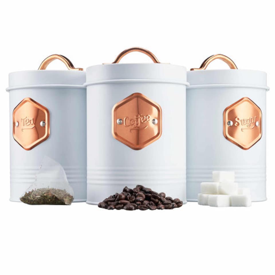 image 1 of Cooks Professional 3 Piece Kitchen Storage Set – Tea, Coffee & Sugar Cannisters | White | White & Copper