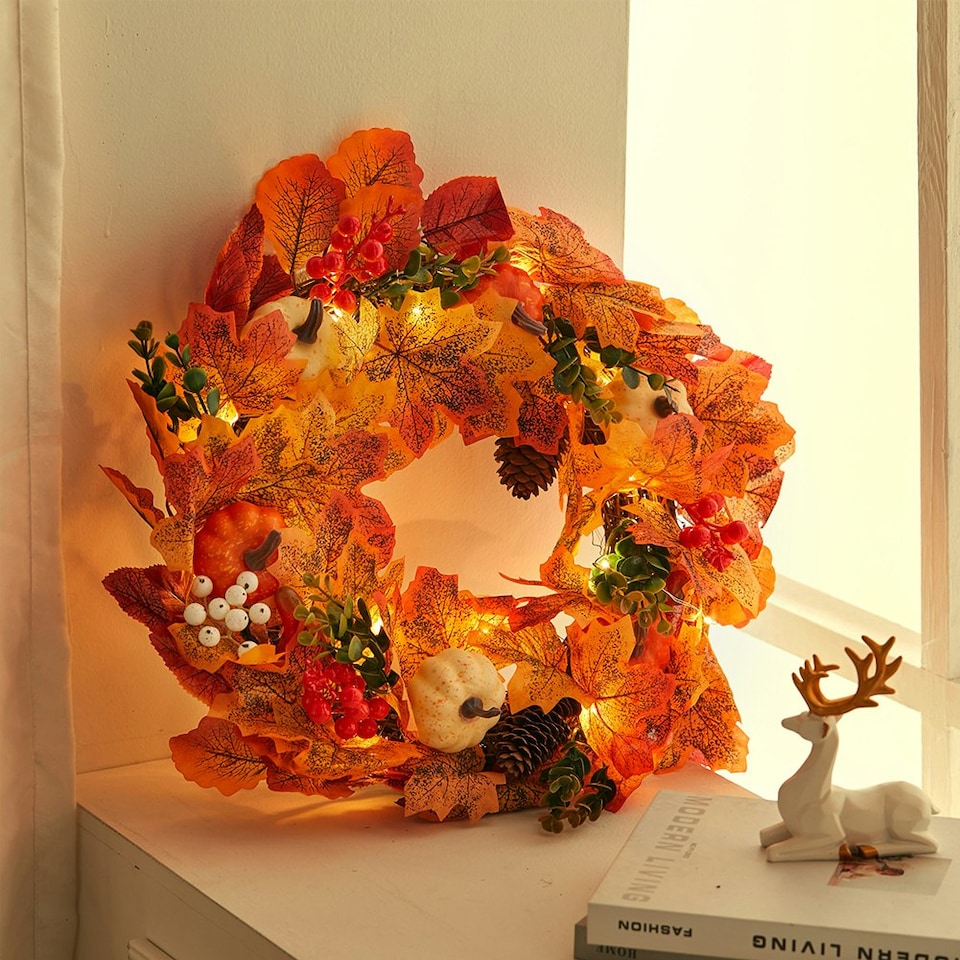 image 1 of Living and Home Halloween Garland with Holly berries Pine cones Maple & Pumpkins
