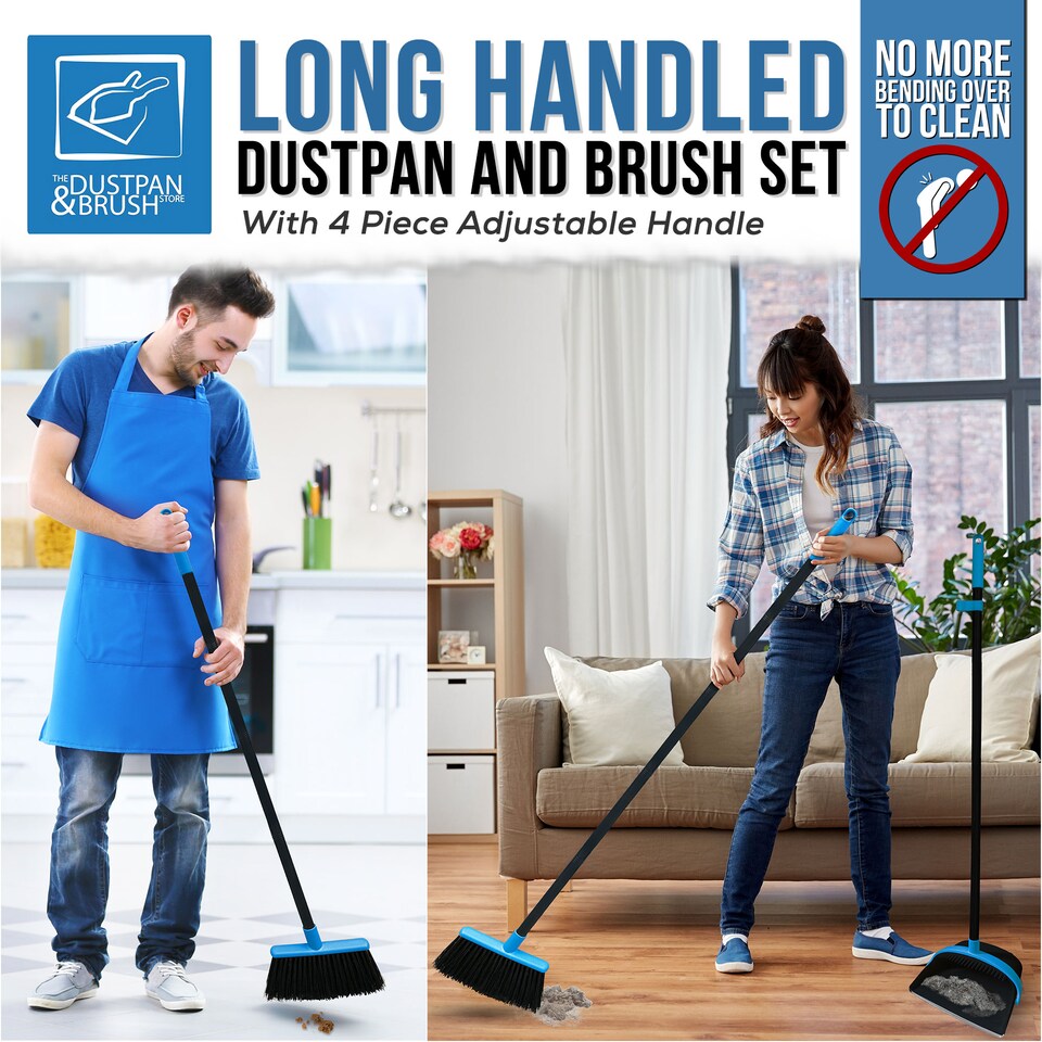 image 1 of Long Handled Dustpan and Brush Set Upright Sweeping Broom with Built-In Bristle Cleaner