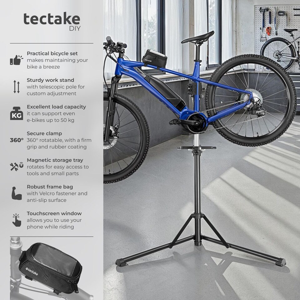 image 1 of Bicycle Repair Stand and Frame Bag Set is Folding, Lightweight and Durable | Black | black | 108 x 81 x 169 cm | 1