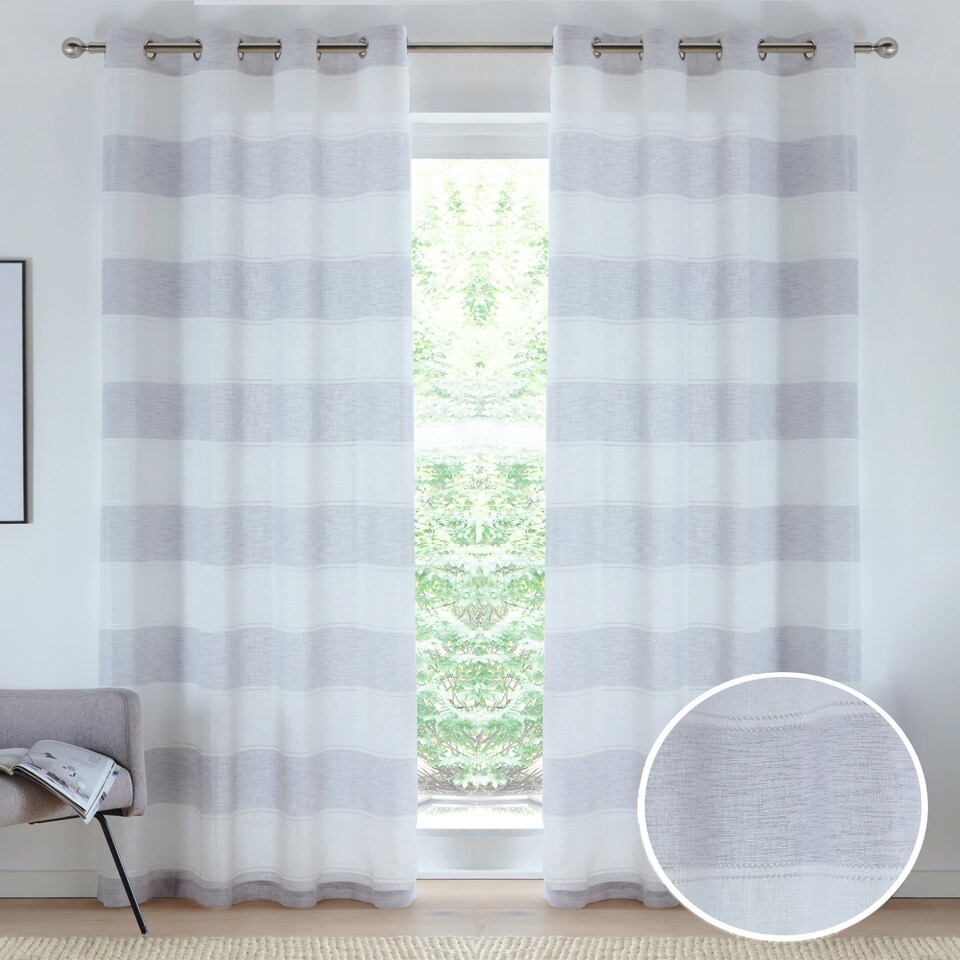image 1 of Pair of Santorini Grey Linen Look Stripe Panels with Eyelet Header 229CM