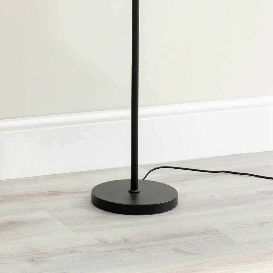 image 1 of ValueLights Marissa White Fabric Drum Shade with Black Stacked Ball Floor Lamp with LED Bulb