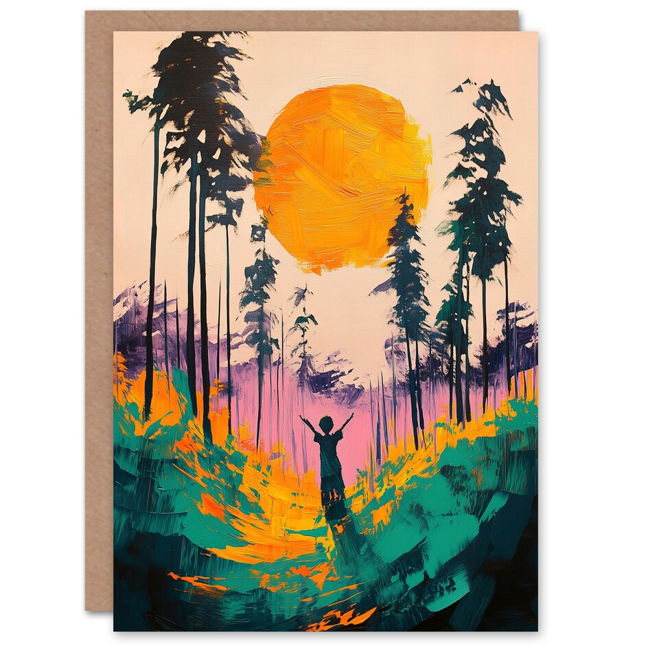 image 1 of Sunrise Joy Abstract Forest Landscape Painting Birthday Greeting Card