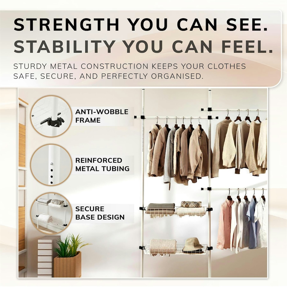 image 1 of Telescopic Wardrobe Organiser Double White Rail Clothes Rack Baskets Storage White | One Size