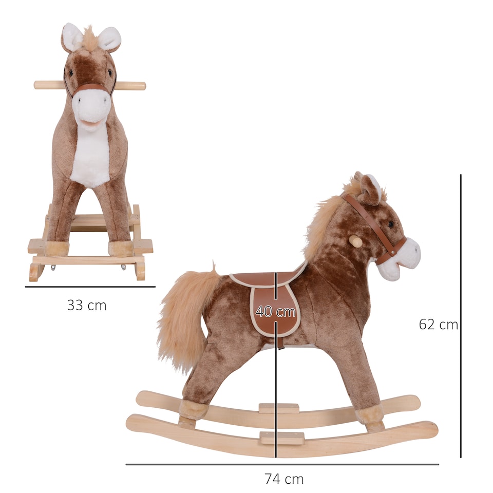 image 1 of HOMCOM Kids Children Plush Rocking Horse Wooden Base Ride On Toy Rocker with Handle Grip Traditional Toy Fun Gift for Age 3 Plus (Brown & White)