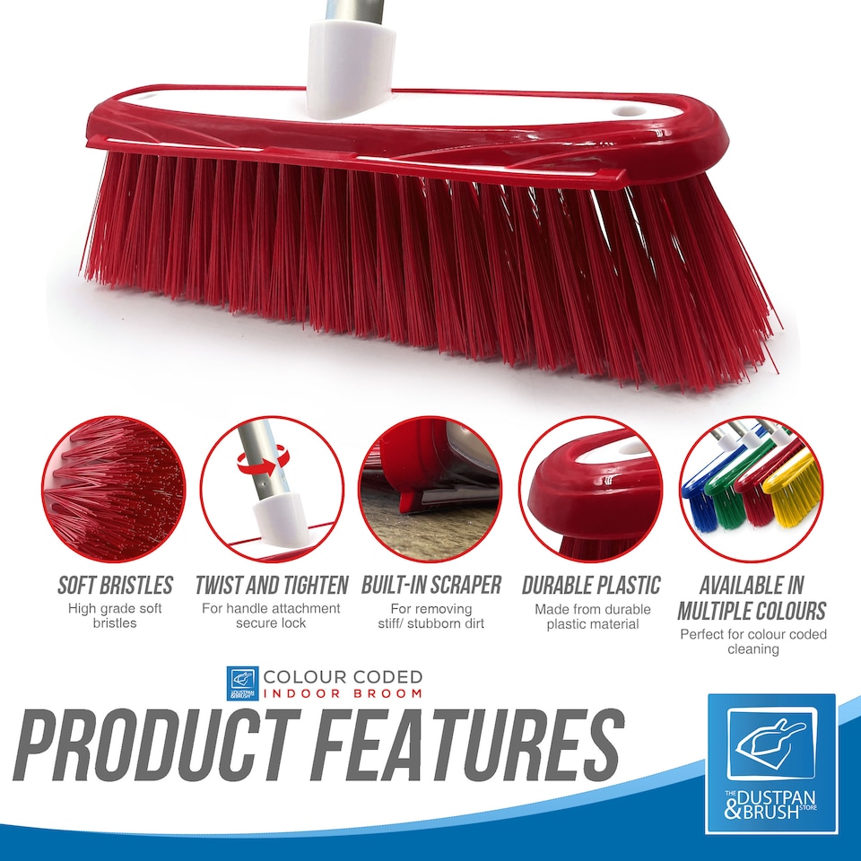image 1 of Colour Coded Indoor Sweeping Broom with Scraper