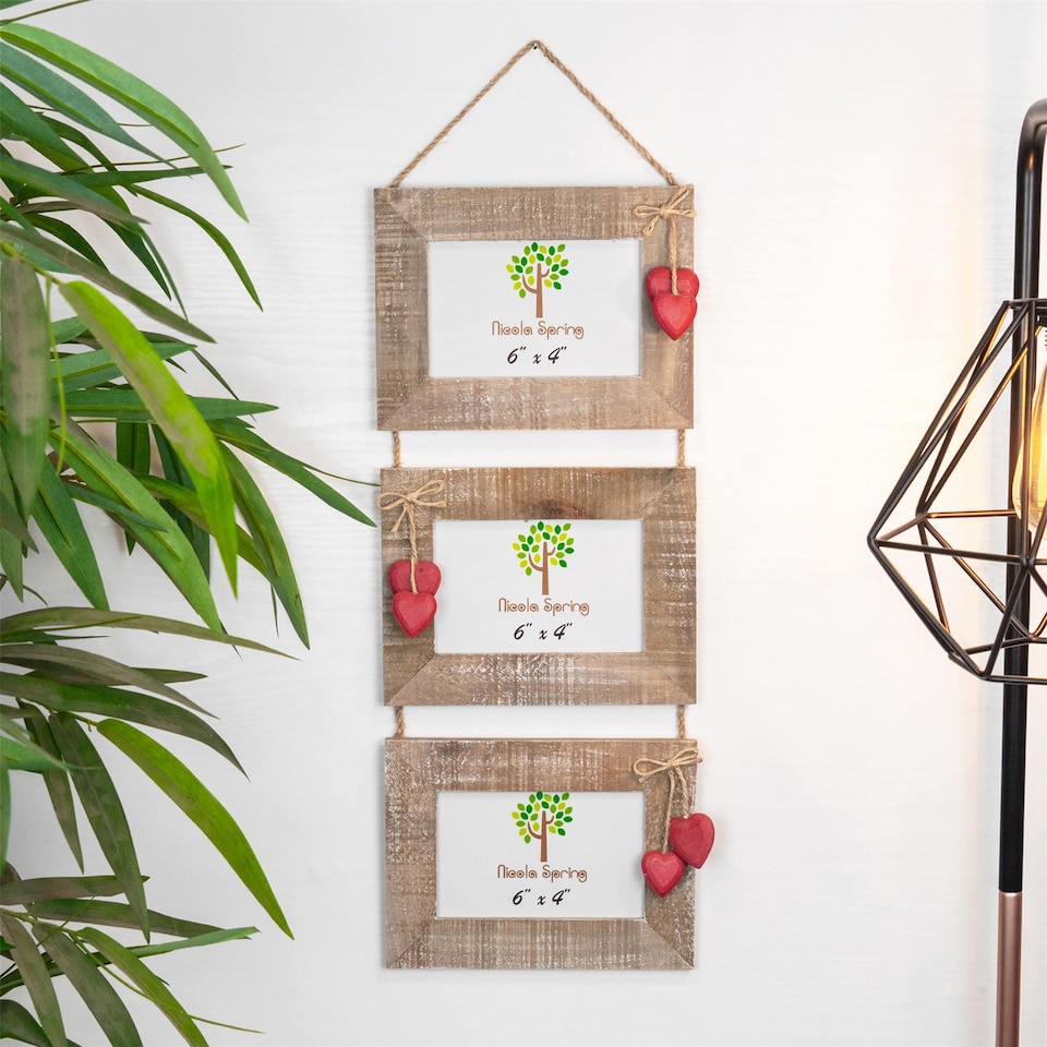 image 1 of Nicola Spring Rustic Red Hearts Hanging 3 Photo Frame - 6 x 4" - Natural