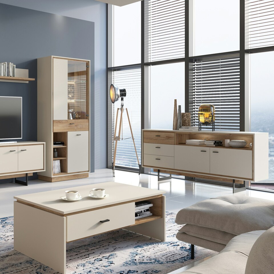 image 1 of Rivero 2 Door 3 Drawer Open Shelf Sideboard in Grey and Oak