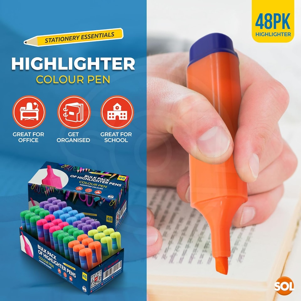 image 1 of 48pk Highlighter Pens – Bright Fluorescent Chisel Tip Markers, Quick-Drying Non-Bleed for Office, Study, Planners & Diaries
