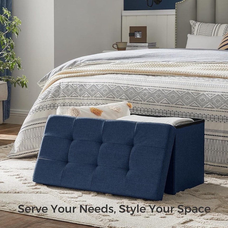image 1 of Compact Storage Ottoman Foot Rest, Foldable Linen-Look Fabric Bench, 76 cm, Dark Blue