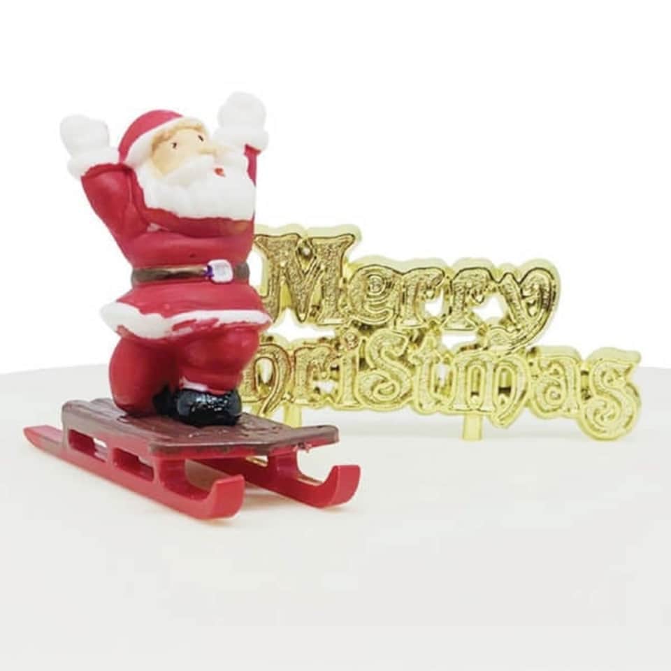 image 1 of Anniversary House Father Christmas on Sleigh Plastic Cake Topper & Gold Motto
