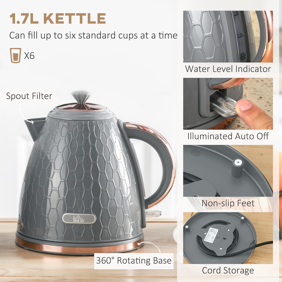 image 1 of HOMCOM Kettle and Toaster Set, 1.7L 3000W Fast Boil Jug Kettle with Auto Shut Off, 4 Slice Toaster with 7 Level Browning Controls & Crumb Tray, UK Otter Thermostat, Grey