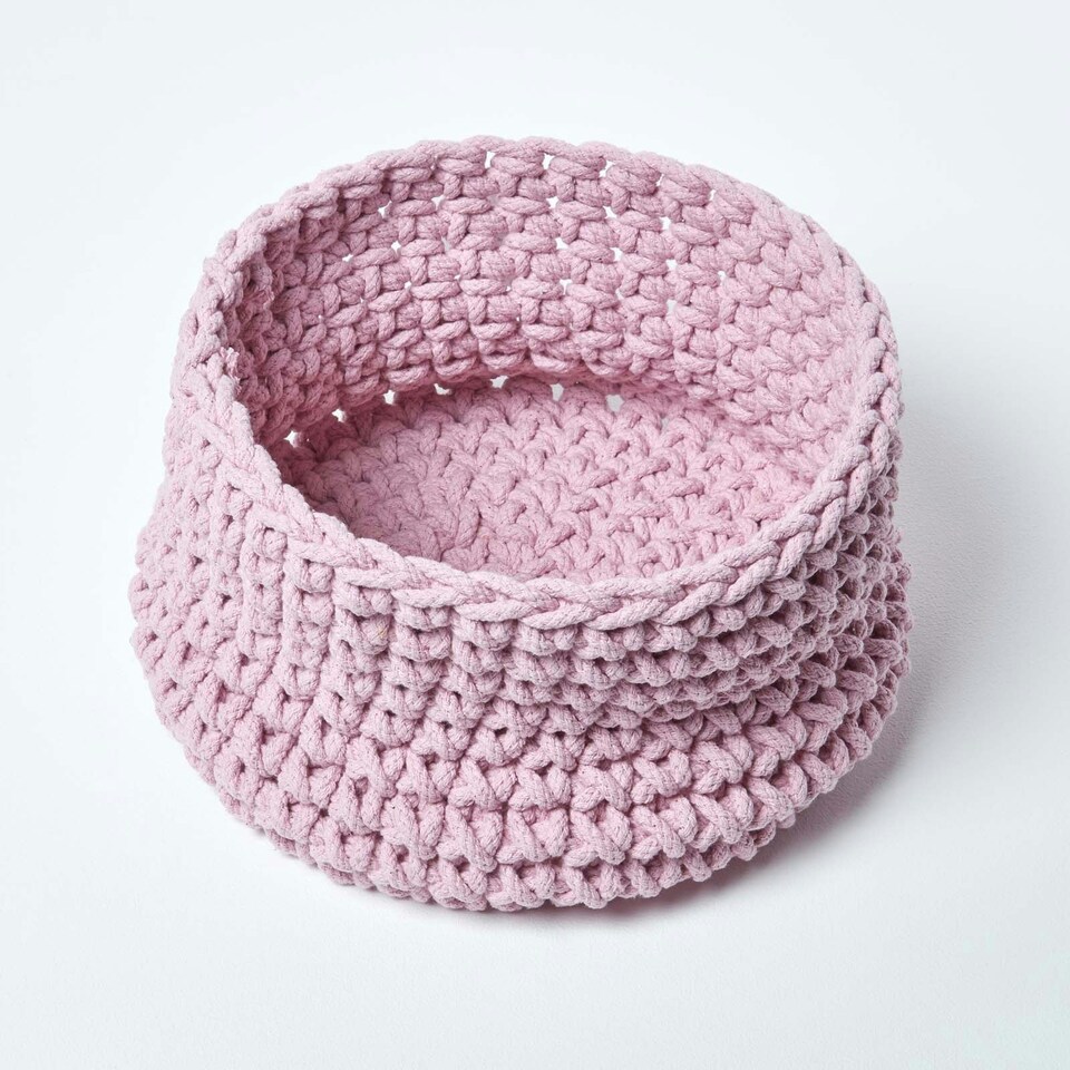 image 1 of Homescapes Pastel Pink Cotton Knitted Round Storage Basket - 37 x 21 cm Pink | M