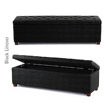 Linoso Chesterfield Black Ottoman Storage Box with Square Wooden Legs - Upholstered Blanket Box (120W x 40D x 45H cm)