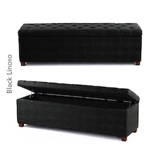 Linoso Chesterfield Black Ottoman Storage Box with Square Wooden Legs - Upholstered Blanket Box (120W x 40D x 45H cm)